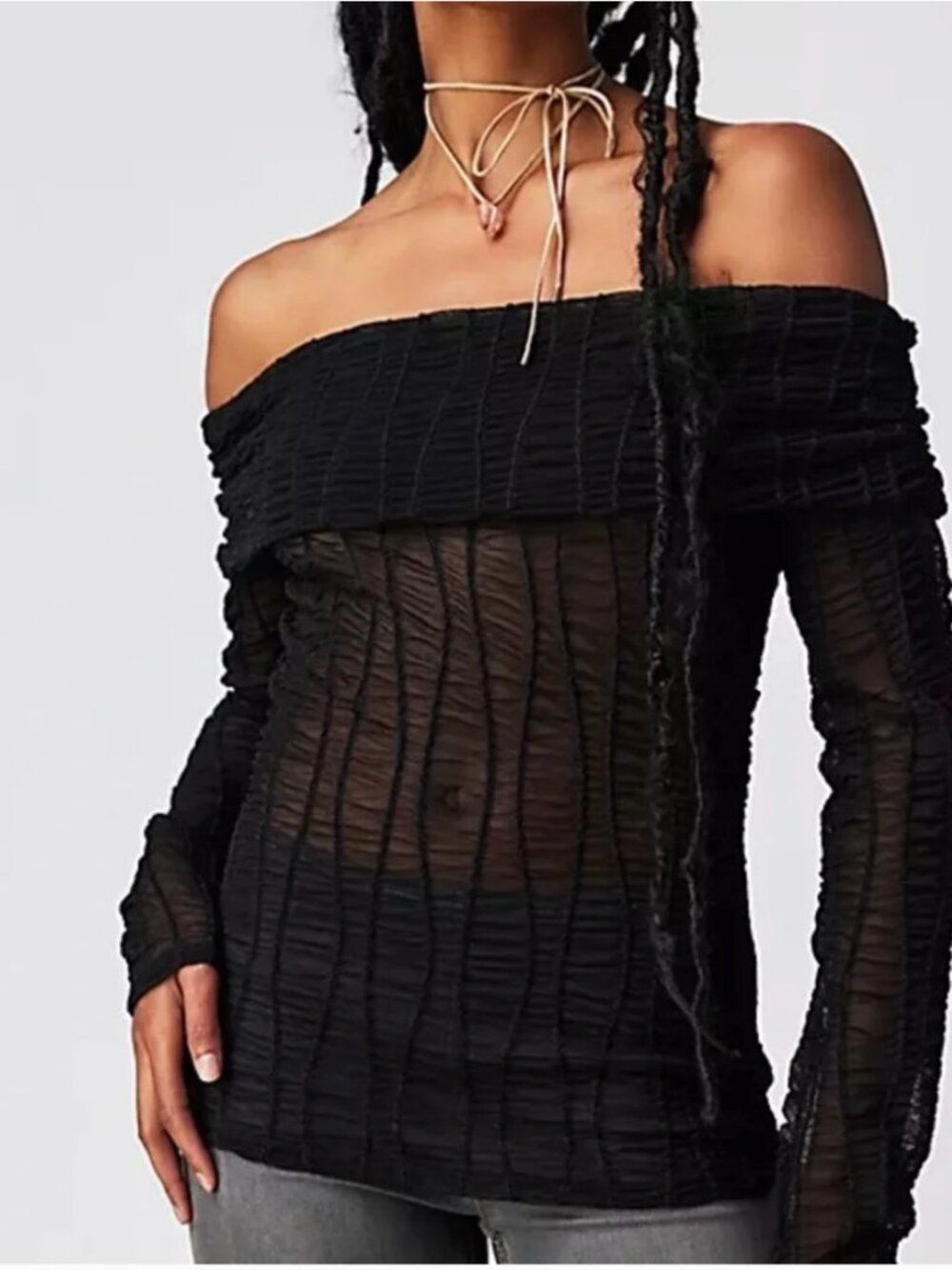 Free People Soft Lines Sheer Black Off the Shoulder Top Long Sleeve XS Ruched